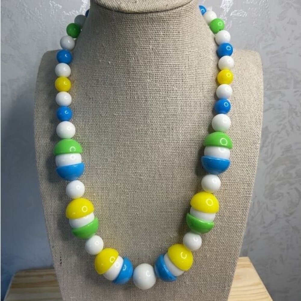 Colorful Beaded Necklace With Blue Green Yellow & White Beads